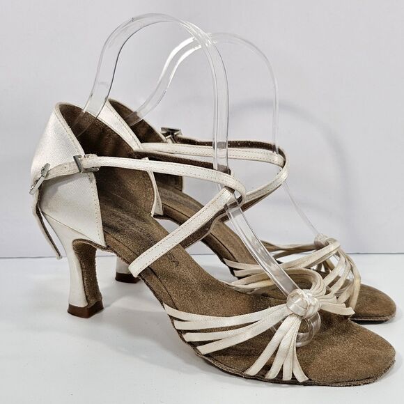 SoulDancer Ladies 3" Heel Ballroom Latin Dance Shoes Size 8 Ivory Satin Strappy - Picture 1 of 8
